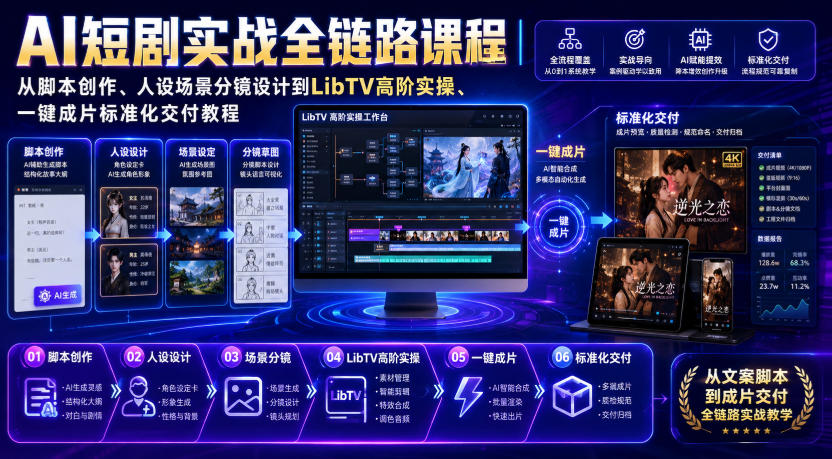 AI短剧实战全链路课程｜从脚本创作、人设场景分镜设计到LibTV高阶实操、一键成片标准化交付教程-985网创