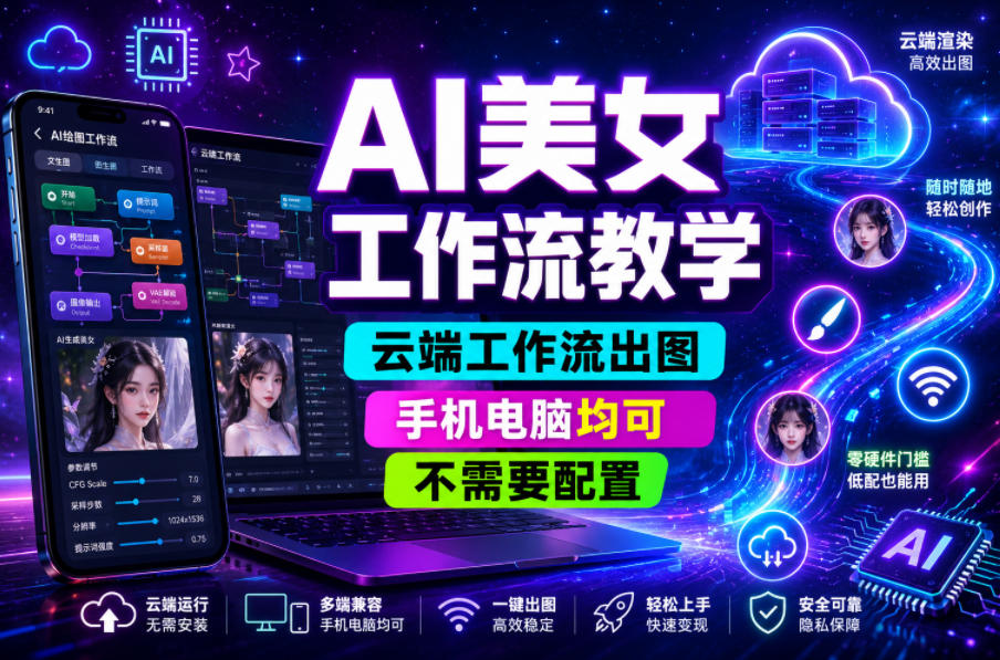 AI美女工作流教学，云端工作流出图，手机电脑均可，不需要配置，快速起号涨粉-985网创