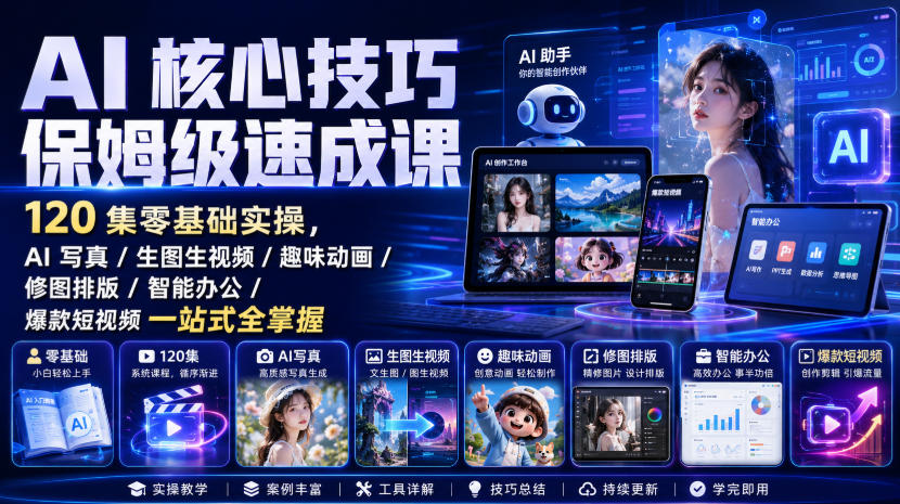 AI核心技巧保姆级速成课｜120集零基础实操，AI写真/生图生视频/趣味动画/修图排版/智能办公/爆款短视频一站式全掌握(更新)-985网创