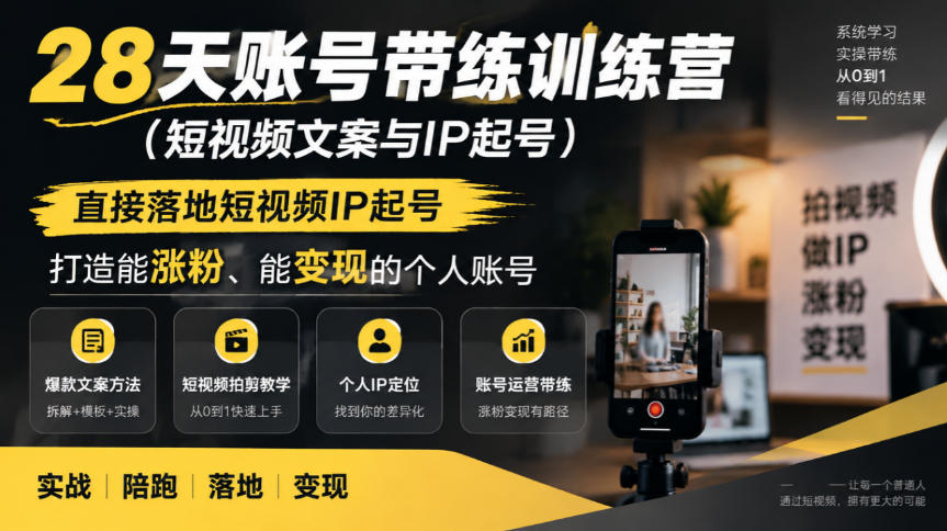 28天账号带练训练营(短视频文案与IP起号)，直接落地短视频IP起号，打造能涨粉、能变现的个人账号-985网创