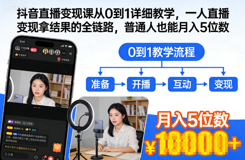 抖音直播变现课从0到1详细教学，一人直播变现拿结果的全链路，普通人也能月入5位数-985网创