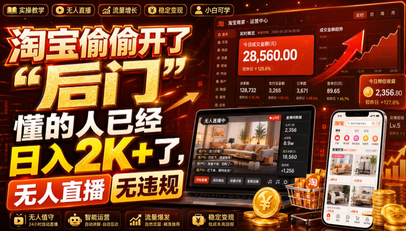 淘宝偷偷开了“后门”，懂的人已经日入2K+了，无人直播无违规，一台电脑=一家24小时营业的线上门店【揭秘】-985网创