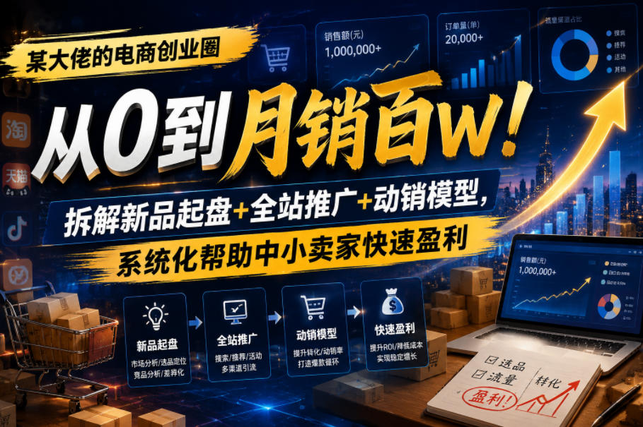 某大佬的电商创业圈从0到月销百W！拆解新品起盘+全站推广+动销模型，系统化帮助中小卖家快速盈利-985网创
