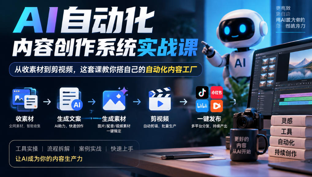 AI自动化内容创作系统实战课，从收素材到剪视频，这套课教你搭自己的自动化内容工厂-985网创