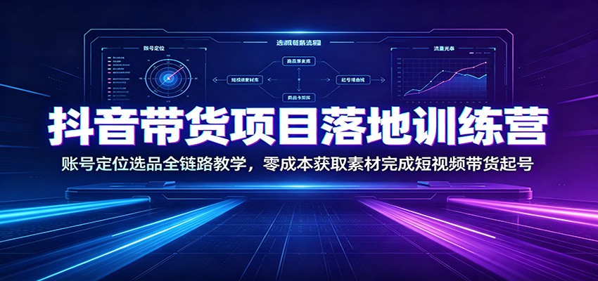 抖音带货项目落地训练营：账号定位选品全链路教学，零成本获取素材完成短视频带货起号-985网创