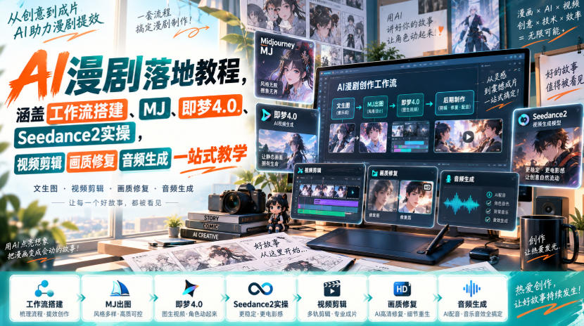 AI漫剧落地教程，涵盖工作流搭建、MJ、即梦4.0、Seedance2实操，视频剪辑画质修复音频生成一站式教学-985网创