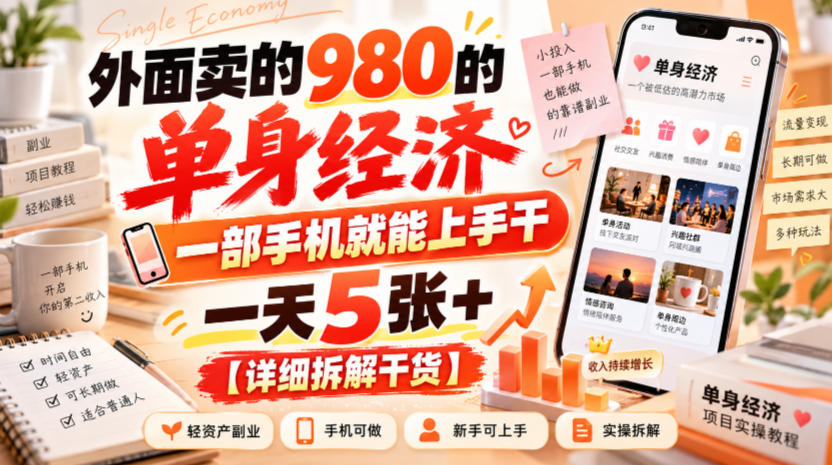 外面卖的980的单身经济，一部手机就能上手干，一天5张+【详细拆解干货】-985网创