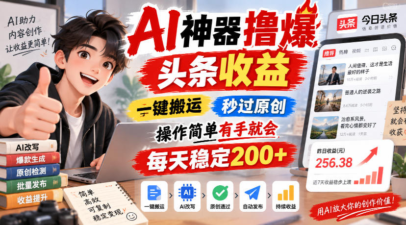 AI神器撸爆头条收益，一键搬运，秒过原创，操作简单有手就会，每天稳定200+【揭秘】-985网创