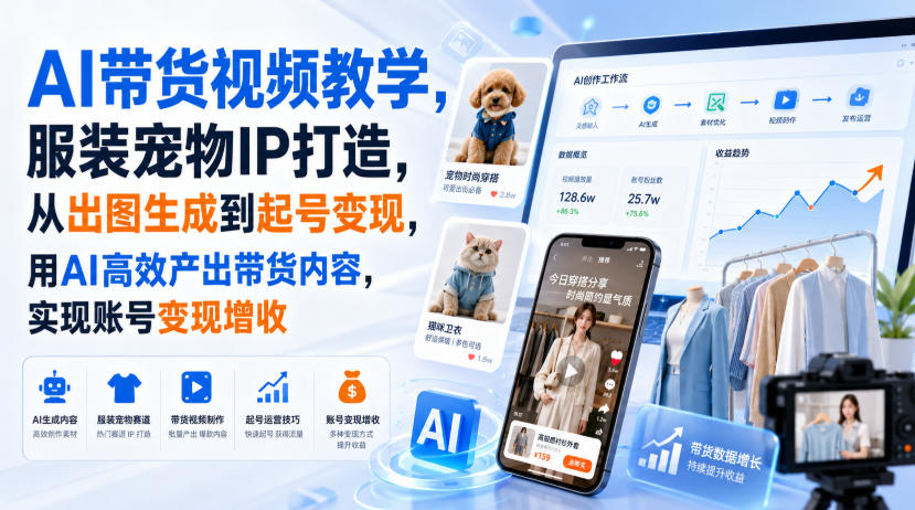 AI带货视频教学，服装宠物IP打造，从出图生成到起号变现，用AI高效产出带货内容，实现账号变现增收-985网创