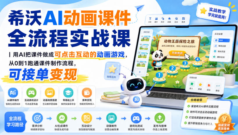 希沃AI动画课件全流程实战课｜用AI把课件做成可点击互动的动画游戏，从0到1跑通课件制作流程，可接单变现-985网创