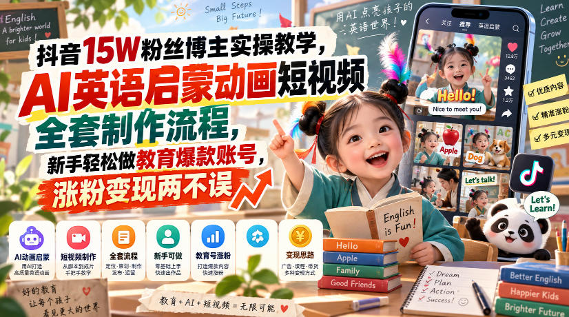 抖音15W粉丝博主实操教学，AI英语启蒙动画短视频全套制作流程，新手轻松做教育爆款账号，涨粉变现两不误-985网创