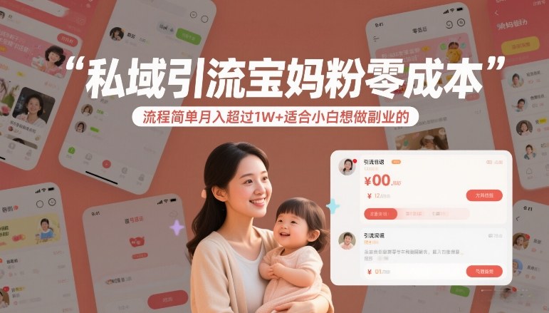 私域引流宝妈粉零成本流程简单月入超过1W+适合小白想做副业的-985网创