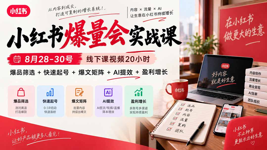 小红书爆量会实战课：8月28-30号线下课视频20小时，爆品筛选+快速起号+爆文矩阵+AI提效+盈利增长-985网创