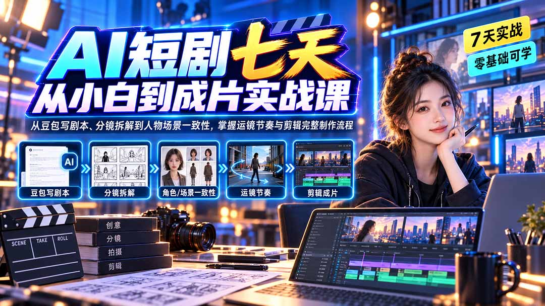 AI短剧七天从小白到成片实战课：从豆包写剧本、分镜拆解到人物场景一致性，掌握运镜节奏与剪辑完整制作流程-985网创