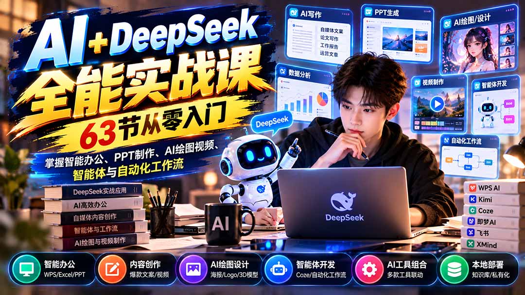 AI+DeepSeek全能实战课：63节从零入门，掌握智能办公、PPT制作、AI绘图视频、智能体与自动化工作流-985网创