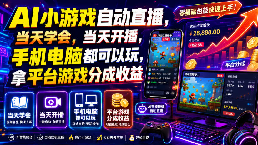 AI小游戏自动直播，当天学会，当天开播，手机电脑都可以玩，拿平台游戏分成收益-985网创