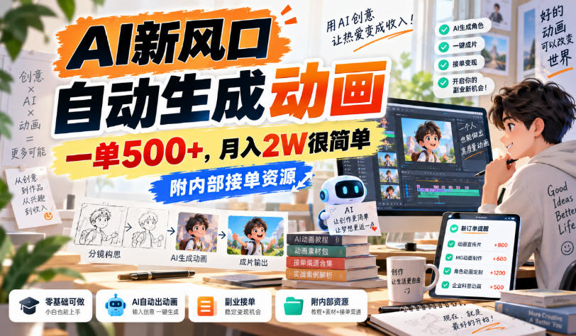 AI新风口，自动生成动画，一单500+，月入2W很简单，附内部接单资源【揭秘】-985网创