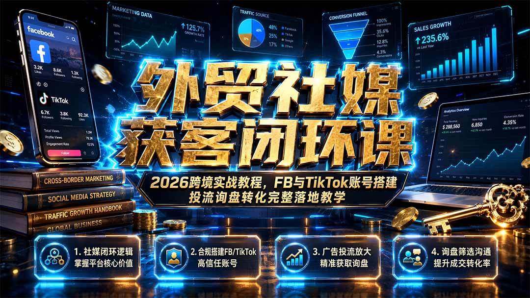 （19611期）外贸社媒获客闭环课｜2026跨境实战教程，FB与TikTok账号搭建投流询盘转化完整落地教学-985网创