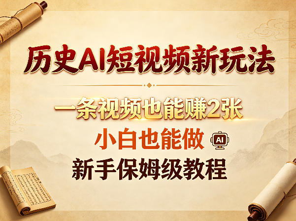 历史AI短视频新玩法，一条视频也能賺2张，小白也能做，新手保姆级教程-985网创