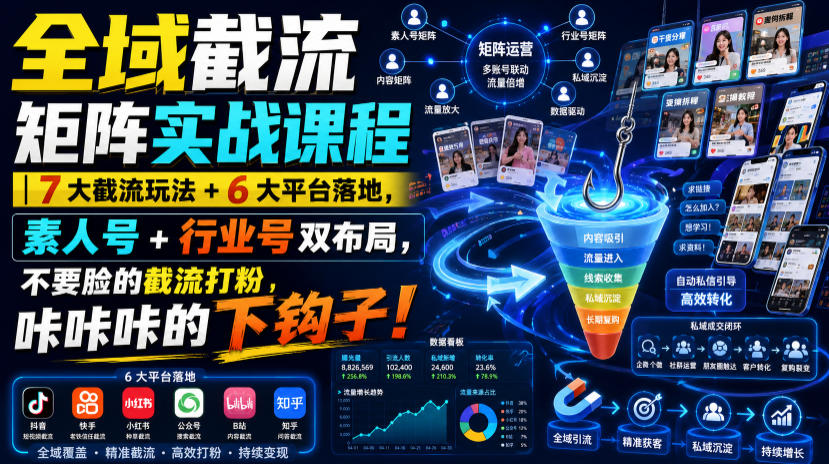 全域截流矩阵实战课程｜7大截流玩法+6大平台落地，素人号+行业号双布局，不要脸的截流打粉，咔咔咔的下钩子！-985网创