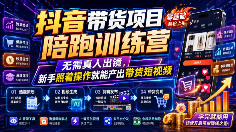 抖音带货项目陪跑训练营，无需真人出镜，新手照着操作就能产出带货短视频-985网创