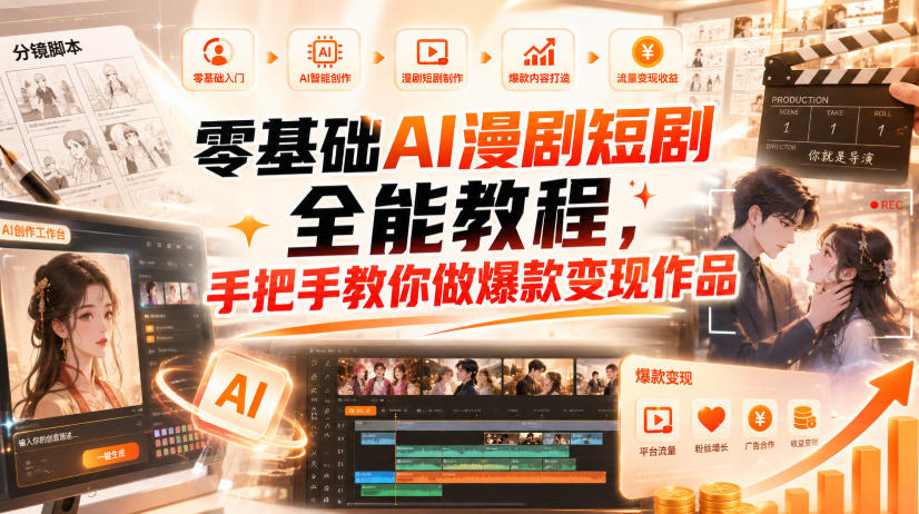 零基础AI漫剧短剧全能教程，从AI智能体搭建、文案脚本分镜、多平台AI生视频、剪映精修，覆盖全题材创作，手把手教你做爆款变现作品-985网创