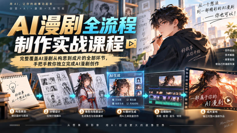 AI漫剧全流程制作实战课程，完整覆盖AI漫剧从构思到成片的全部环节，手把手教你独立完成AI漫剧创作-985网创