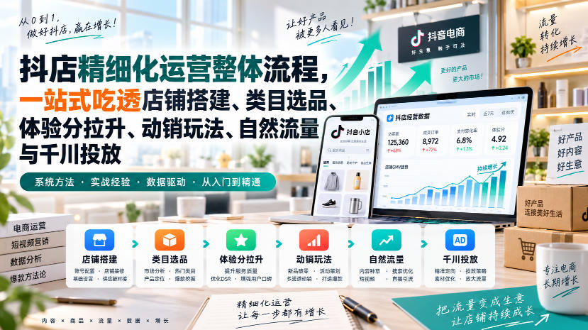 李哥电商-抖店精细化运营整体流程，一站式吃透店铺搭建、类目选品、体验分拉升、动销玩法、自然流量与千川投放-985网创