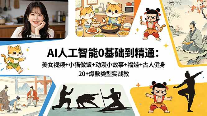 （18685期）AI人工智能0基础到精通：美女视频+小猫做饭+动漫小故事+福娃+古人健身，20+爆款类型实战教学-985网创