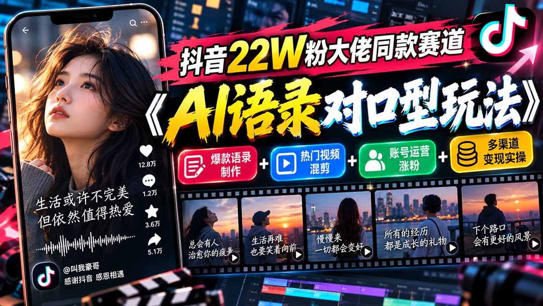 抖音22W粉大佬同款赛道《AI语录对口型玩法》：爆款语录制作+热门视频混剪+账号运营涨粉+多渠道变现实操-985网创