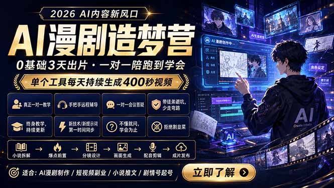 AI漫剧造梦营：0基础3天出片，单个工具每天持续生成400秒视频-985网创