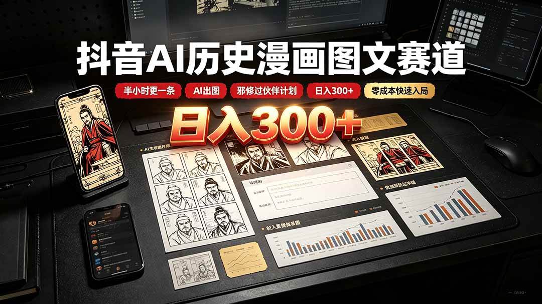 （19498期）抖音AI历史漫画图文赛道：半小时更一条×AI出图×邪修过伙伴计划×日入300+，零成本快速入局-985网创