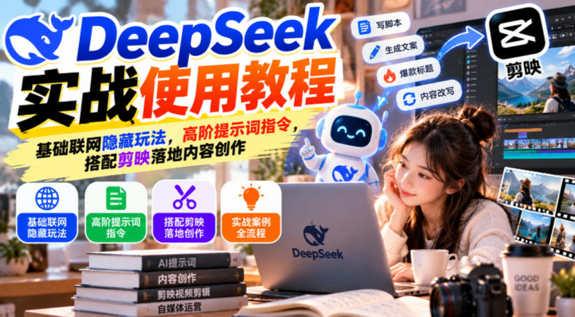 DeepSeek实战使用教程｜基础联网隐藏玩法，高阶提示词指令，搭配剪映落地内容创作-985网创