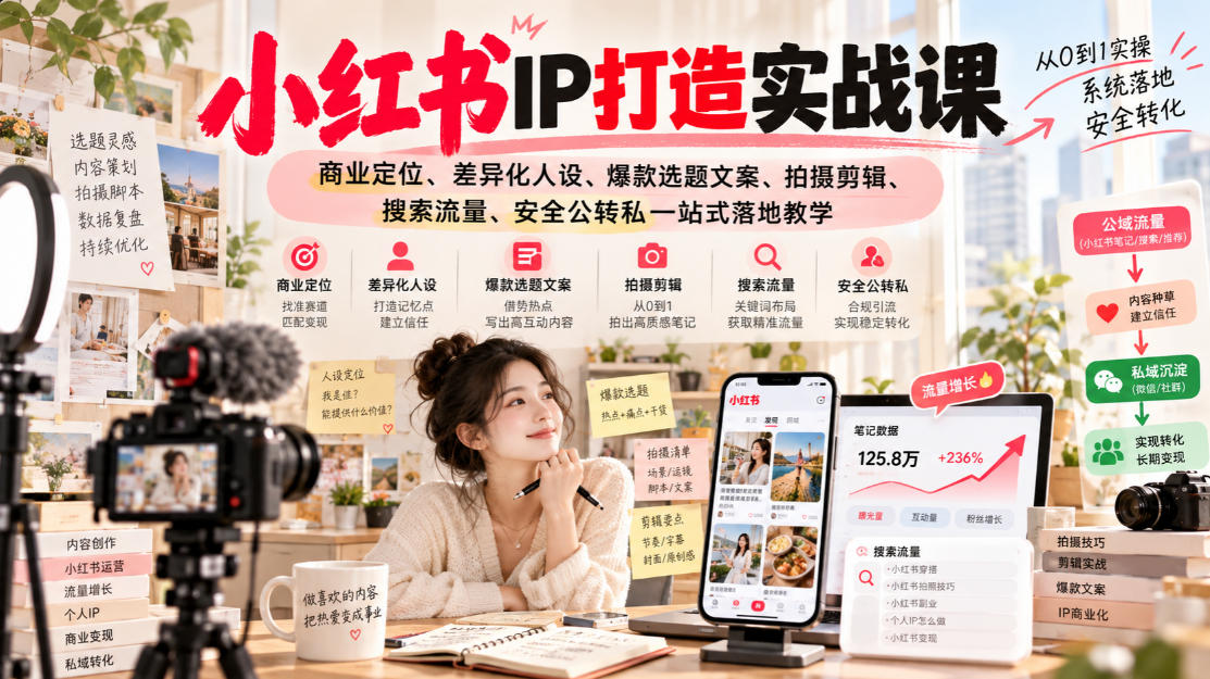 小红书ip打造实战课，商业定位、差异化人设、爆款选题文案、拍摄剪辑、搜索流量、安全公转私一站式落地教学-985网创
