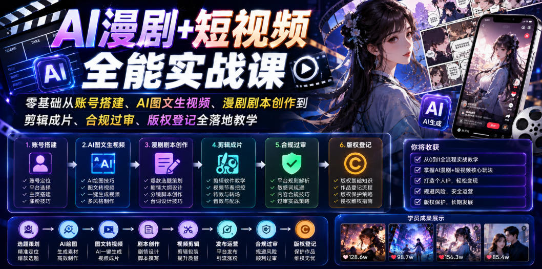 AI漫剧+短视频全能实战课｜零基础从账号搭建、AI图文生视频、漫剧剧本创作到剪辑成片、合规过审、版权登记全落地教学-985网创