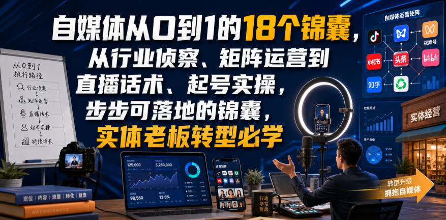 自媒体从0到1的18个锦囊，从行业侦察、矩阵运营到直播话术、起号实操，步步可落地的锦囊，实体老板转型必学-985网创