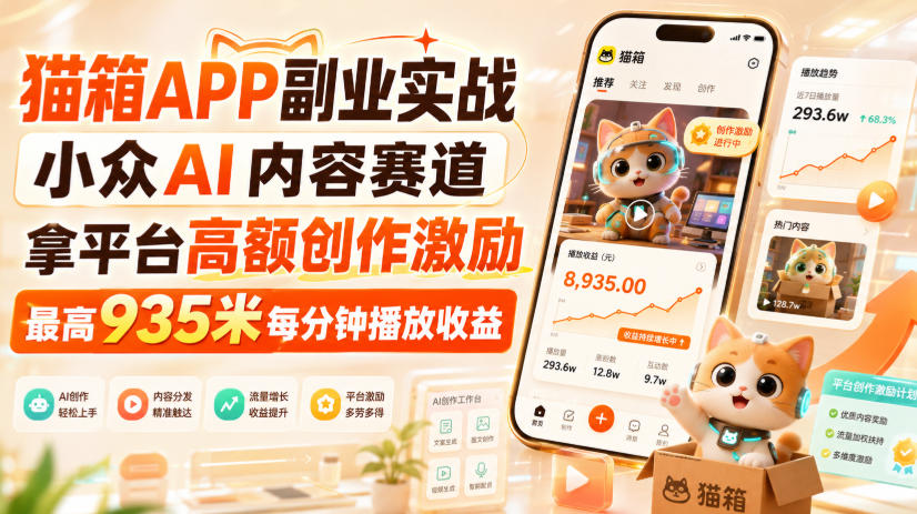 猫箱APP副业实战，小众AI内容赛道，拿平台高额创作激励，最高935米每分钟播放收益-985网创