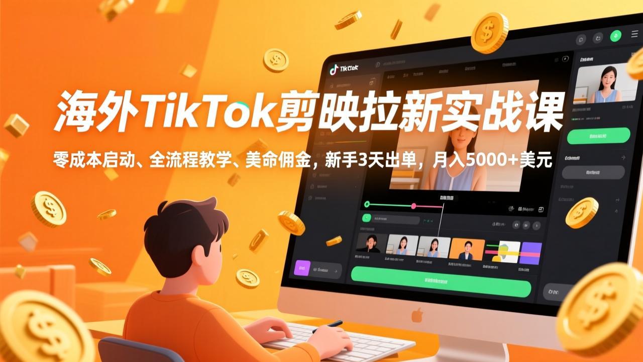 海外TikTok剪映拉新实战课，零成本启动、全流程教学、美金佣金，新手3天出单，月入5000+美元-985网创