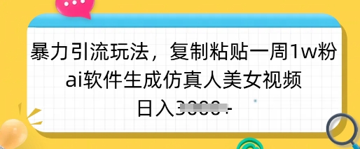 暴力引流玩法，复制粘贴一周1w粉，ai软件生成仿真人美女视频，日入多张-985网创