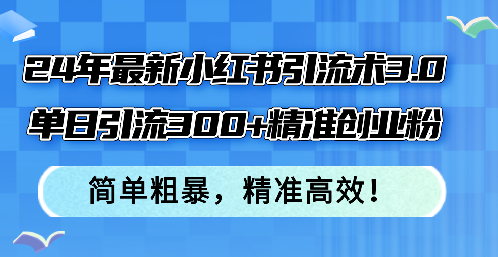 24年最新小红书引流术3.0，单日引流300+精准创业粉，简单粗暴，精准高效！-985网创
