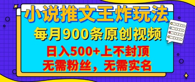 小说推文王炸玩法，一键代发，每月最多领900条原创视频，播放量收益日入5张，无需粉丝，无需实名【揭秘】-985网创