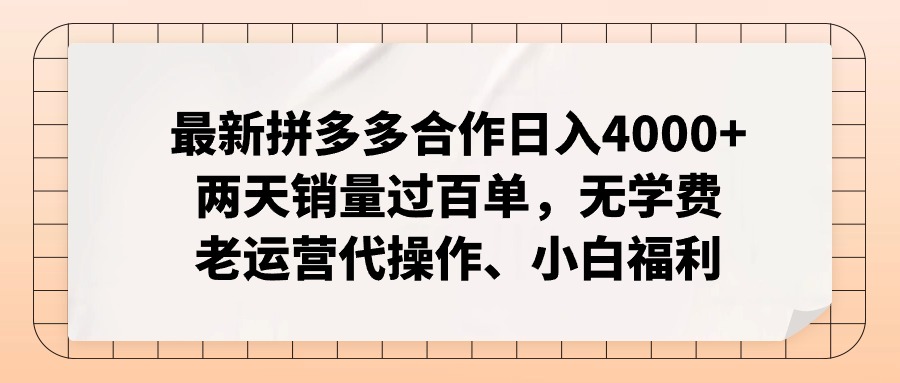 拼多多最新合作日入4000+两天销量过百单，无学费、老运营代操作、小白福利-985网创