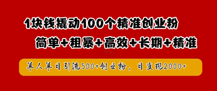 1块钱撬动100个精准创业粉，简单粗暴高效长期精准，单人单日引流500+创业粉，日变现2k【揭秘】-985网创