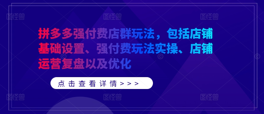拼多多强付费店群玩法，包括店铺基础设置、强付费玩法实操、店铺运营复盘以及优化-985网创