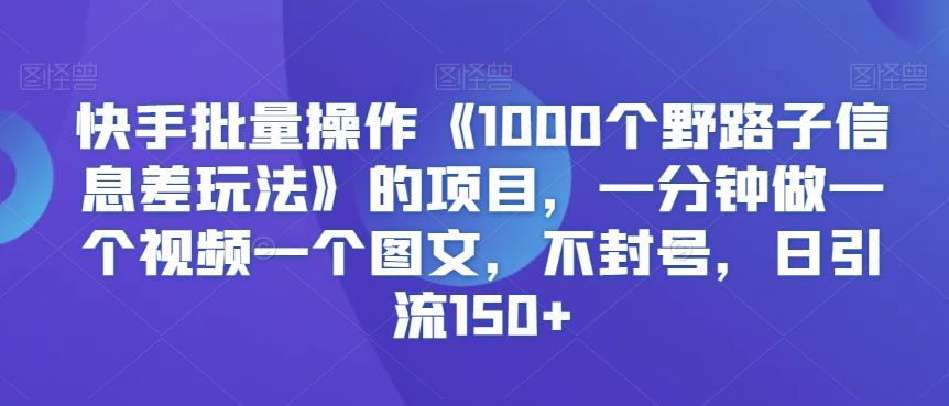快手批量操作《1000个野路子信息差玩法》的项目，一分钟做一个视频一个图文，不封号，日引流150+【揭秘】-985网创