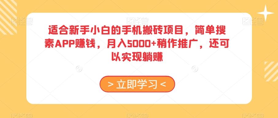适合新手小白的手机搬砖项目，简单搜素APP赚钱，月入5000+稍作推广，还可以实现躺赚【揭秘】-985网创