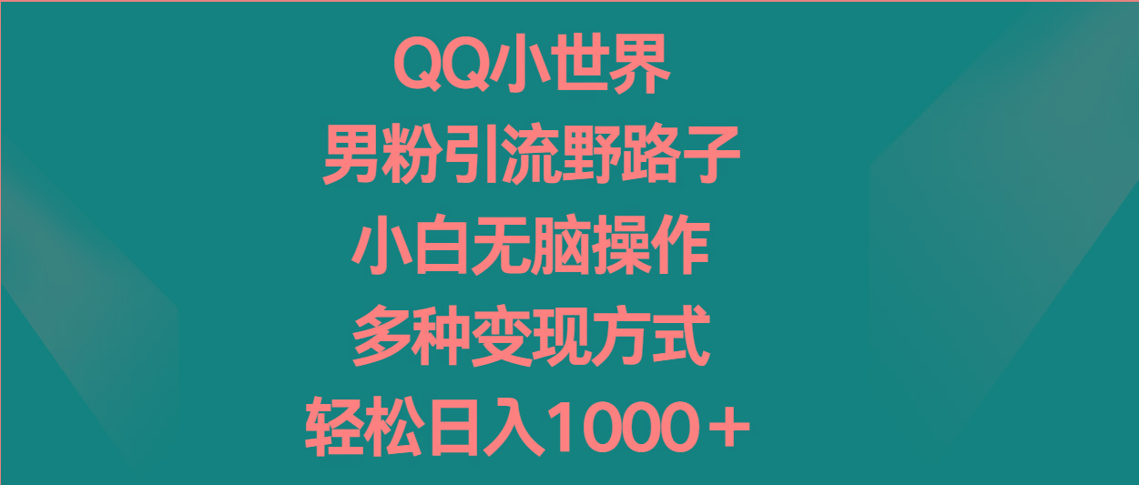 QQ小世界男粉引流野路子，小白无脑操作，多种变现方式轻松日入1000＋-985网创
