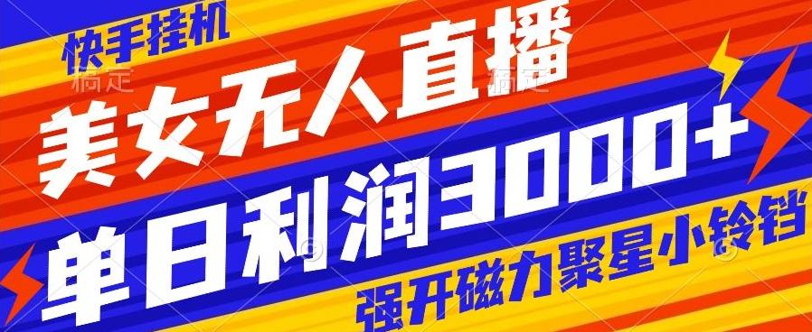 快手挂机，美女无人直播，强开磁力聚星小铃铛，日入3000+-985网创