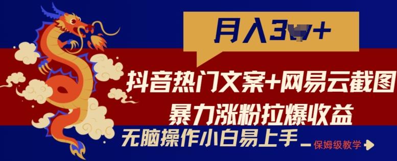 抖音热门文案+网易云截图暴力涨粉拉爆收益玩法，小白无脑操作，简单易上手【揭秘】-985网创