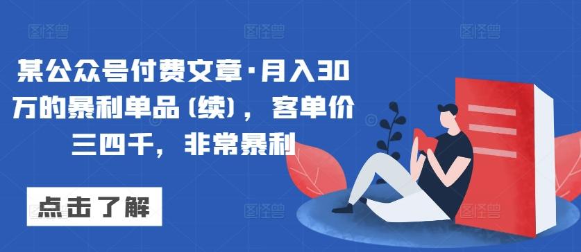 某公众号付费文章·月入30万的暴利单品(续)，客单价三四千，非常暴利-985网创